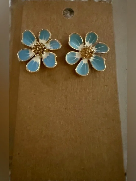 ❤️ Boutique Hand Painted Enamel Blue Flower Statement  Earrings - NEW - Picture 3 of 6